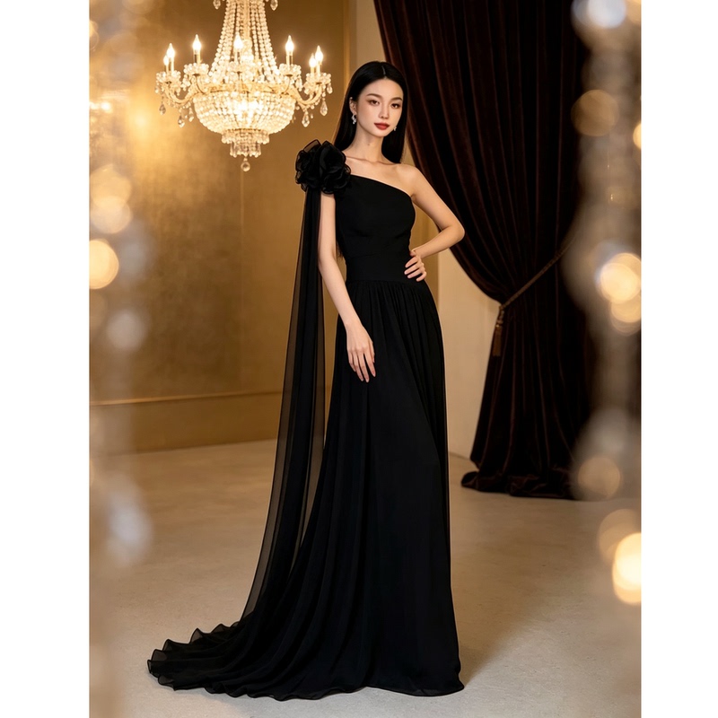 Black One-Shoulder Birthday Coming-Of-Age Ceremony Banquet Art Exam Music Student Piano Performance Host Evening Dress 20786 Black One-Shoulder Birthday Coming-Of-Age Ceremony Banquet Art Exam Music Student Piano Performance Host Evening Dress 20786