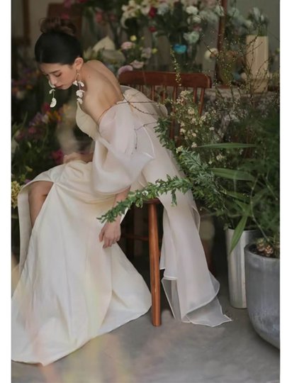 法式浪漫抹胸新娘结婚订婚敬酒成人礼生日派对婚纱礼服晨袍19680Q