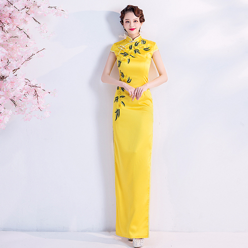 Evening dress prom gown Yellow Chinese banquet annual meeting stage performance show etiquette show host Qipao 