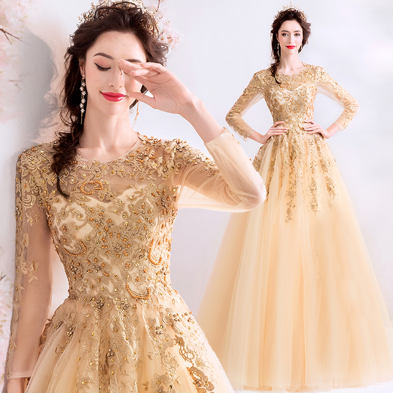 Sparkling Golden Phara-style Long Sleeve Annual Conference Performance Stage Performance Grand Chorus Host Walking Show Wedding Gown 478