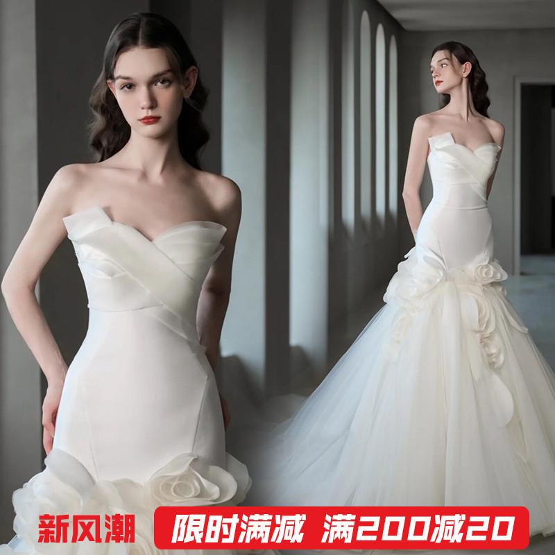 Wedding dress, tube top for princess for bride, flowered, 