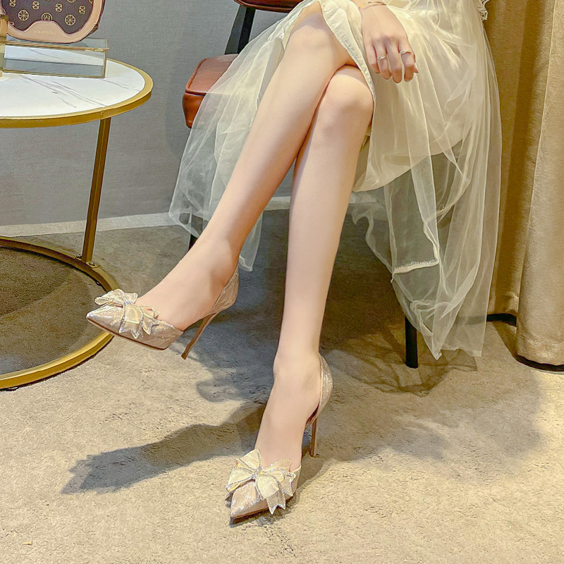 Bow knot high heels feminine temperament divine model French pointed bag shoes stiletto 2021 new bridesmaid wedding shoes main wedding dress