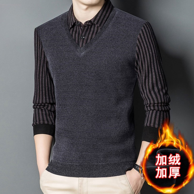 Stephen's Faux Two-Piece Cashmere Sweater for Men with Shirt Collar, Winter Fleece-Lined and Thickened, Business Casual Knit Base Layer