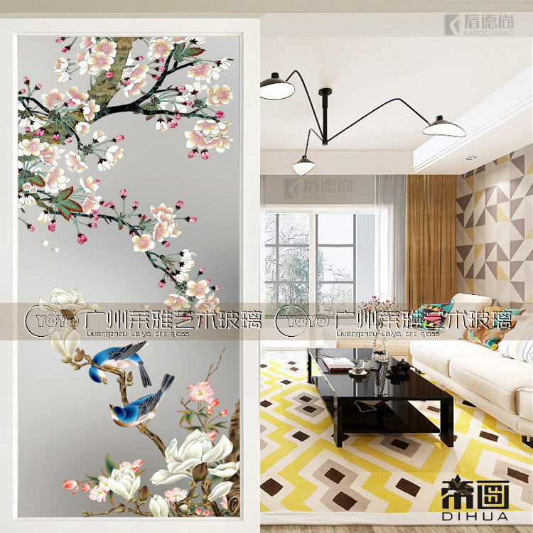 Art Glass Partition Screen Xuanguan Background Wall Deep Sculpture Floral Frosted Light Transmission Bifacial Process Modern Shoe Cabinet Flower Bird