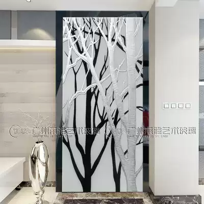 Carving art glass living room TV background wall screen shoe cabinet partition transparent porch craft black and white tree