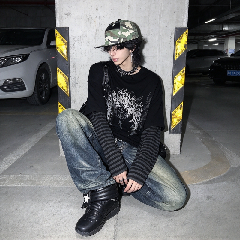 Original Subculture Rock Dark Print Autumn Fake Two-Piece Long-Sleeve T-Shirt for Men, Gothic Unisex Style Personalized Top Original Subculture Rock Dark Print Autumn Fake Two-Piece Long-Sleeve T-Shirt for Men, Gothic Unisex Style Personalized Top