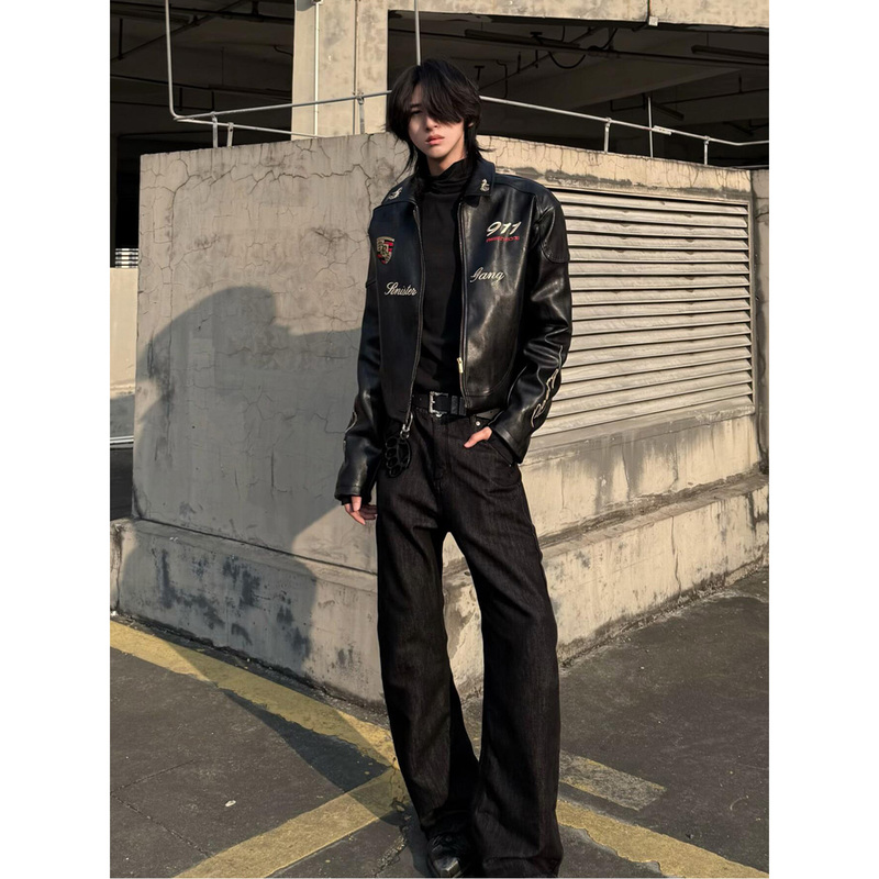 American-Style Motorcycle Jacket with Heavy Embroidery, Leather Jacket for Men, Spring and Autumn, Visual Style, Short Pu Leather Jacket, Trendy