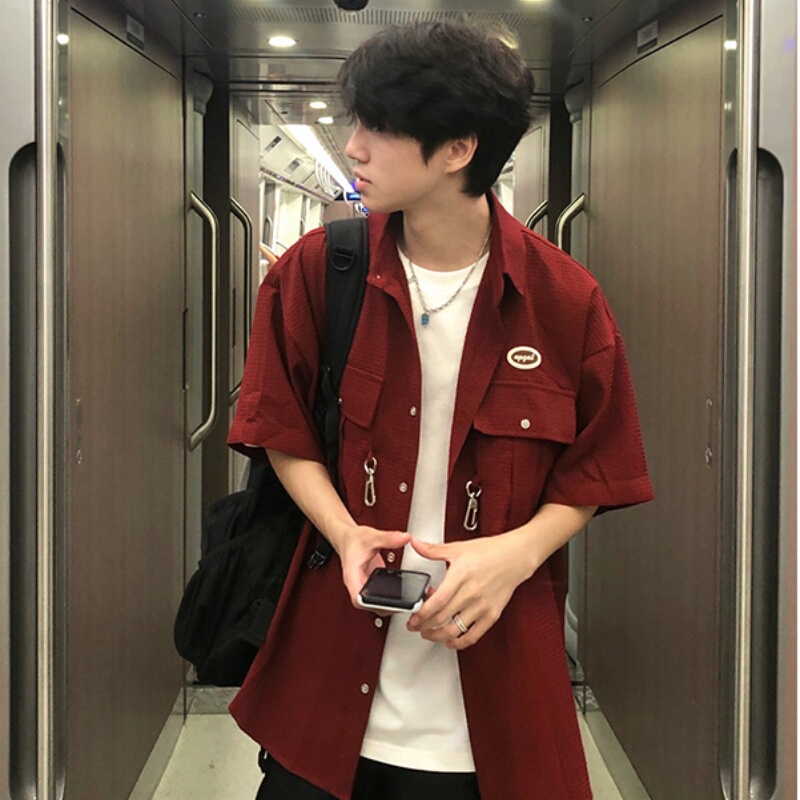 Spring and Summer College Style Waffle Short-Sleeved Shirts for Men and Women, Fashionable High Street Layered Burgundy Shirts, Men's American Vintage Style