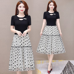 New summer dress fake two-piece dress 30-40-50 years old middle-aged mother wear belly-covering slimming floral chiffon skirt