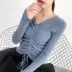 Real shot 2020 thu đông mới của phụ nữ Hàn Quốc V-cổ dệt kim chạm đáy áo thun dây rút với áo len bó sát nữ - Áo / áo thun