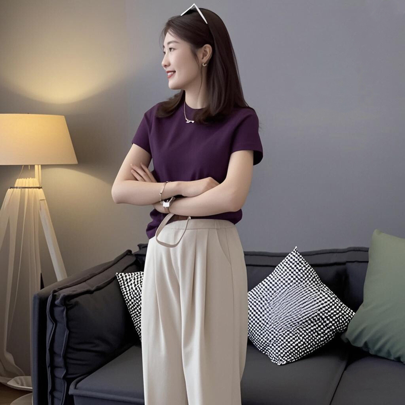Dark Purple Slimming Short-Sleeve T-Shirt for Women, Korean Style ins Grape Purple Slimming Versatile Half-Sleeve Round Neck Inner Wear Hot Item