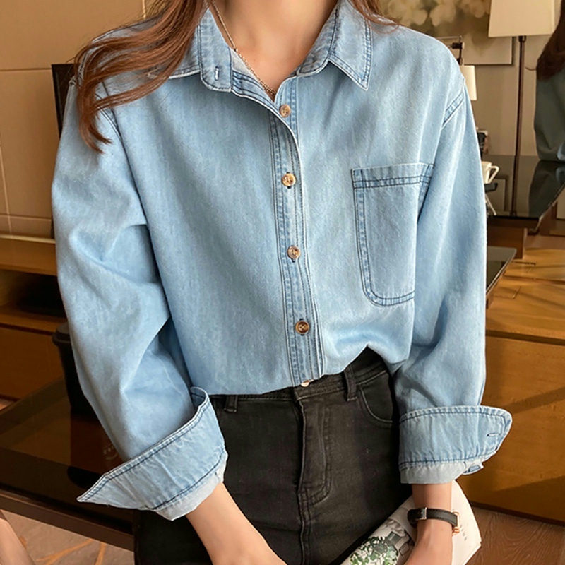 Women's Denim Shirt, Retro Hong Kong Style, Mid-Length, 2026 Spring and Autumn New Thin Shirt, American Casual Top Jacket