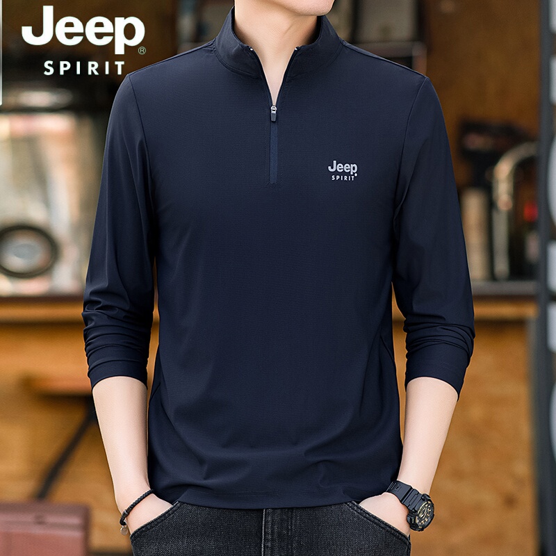 Jeep Men's Long-Sleeved T-Shirt Half-Zip Stand-Up Collar Sports Quick-Drying Thin Ice Silk Base Layer Shirt