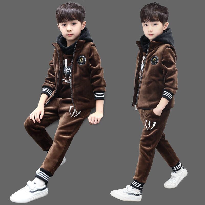 2022 new children's clothes boy autumn and winter style double face suede three-piece suit children's Korean version with cap garnter clothing baby