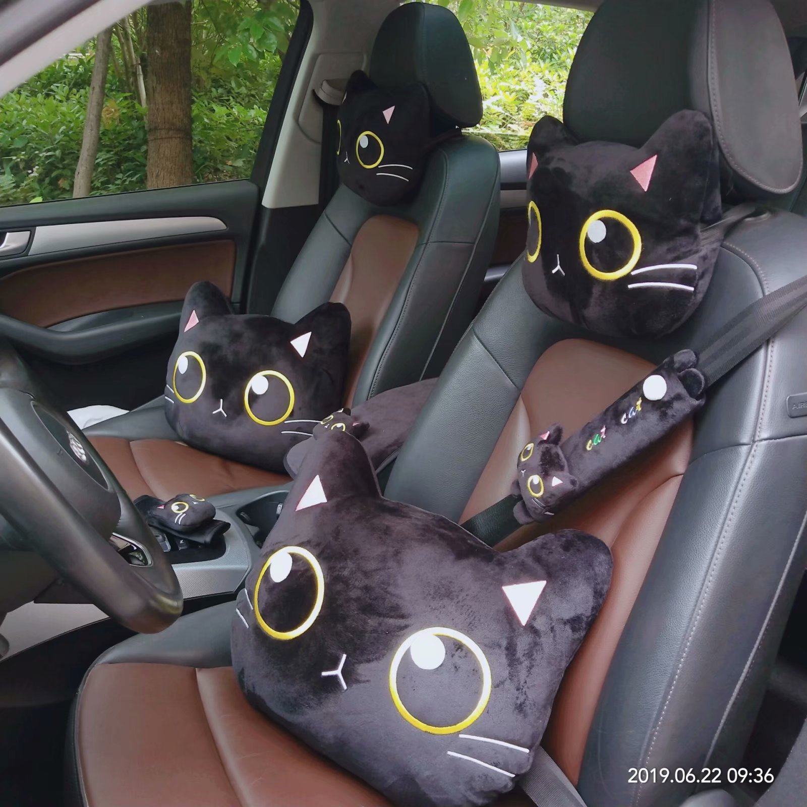 Cartoon car headrest black cat car seat neck pillow cushion seat belt cover gear cover handbrake cover