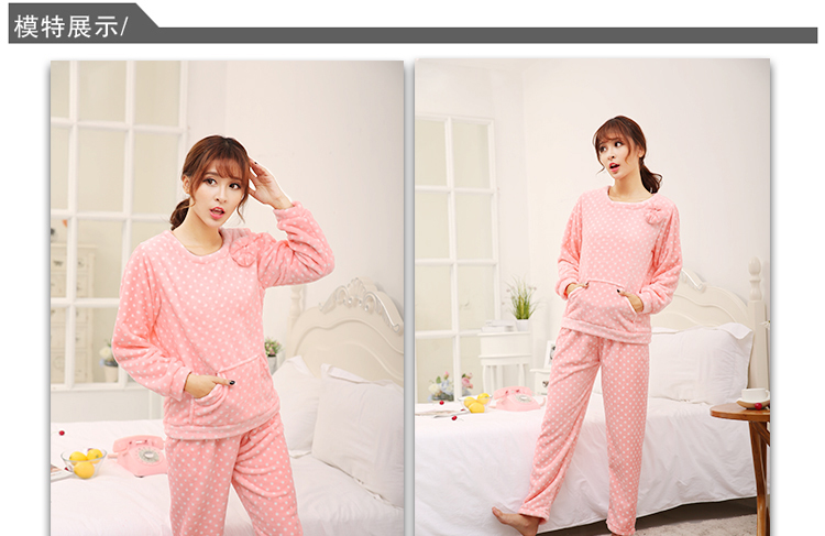 Bộ đồ ngủ flannel Phụ nữ mùa thu và mùa đông Bộ đồ lông cừu san hô mới Set áo dài tay dày đồ bộ pijama