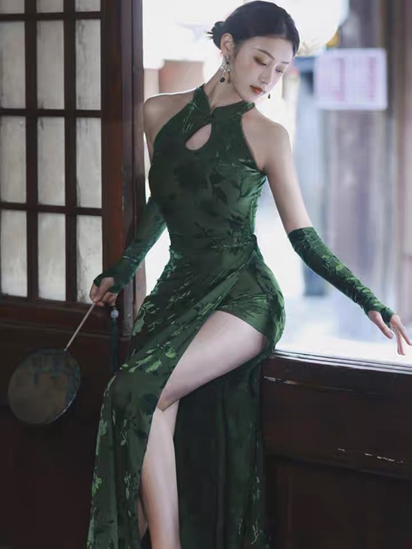 Retro Jazz Dance Green Velvet Improved Cheongsam Chinese Style Dance Costume Classy Slim Fit Elegant Two-Piece Performance Costume