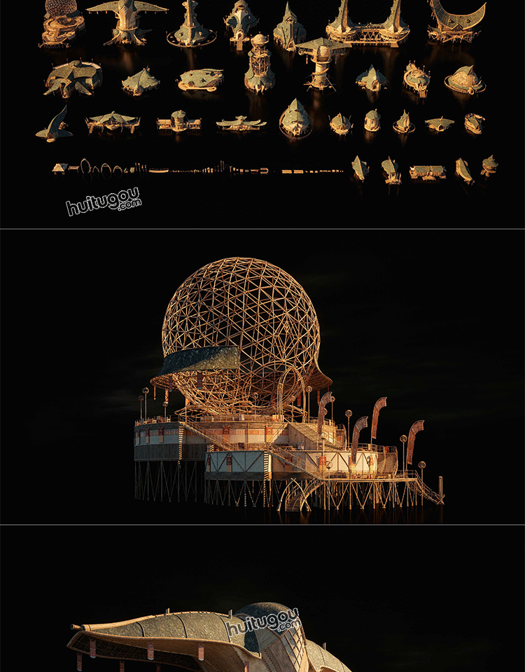 MAYA远古东方神话魔幻风格盖亚竹风建筑3D模型素材Kitbash3D-Gaea - KitBash3D模型 - 绘图狗-设计灵感素材集散地