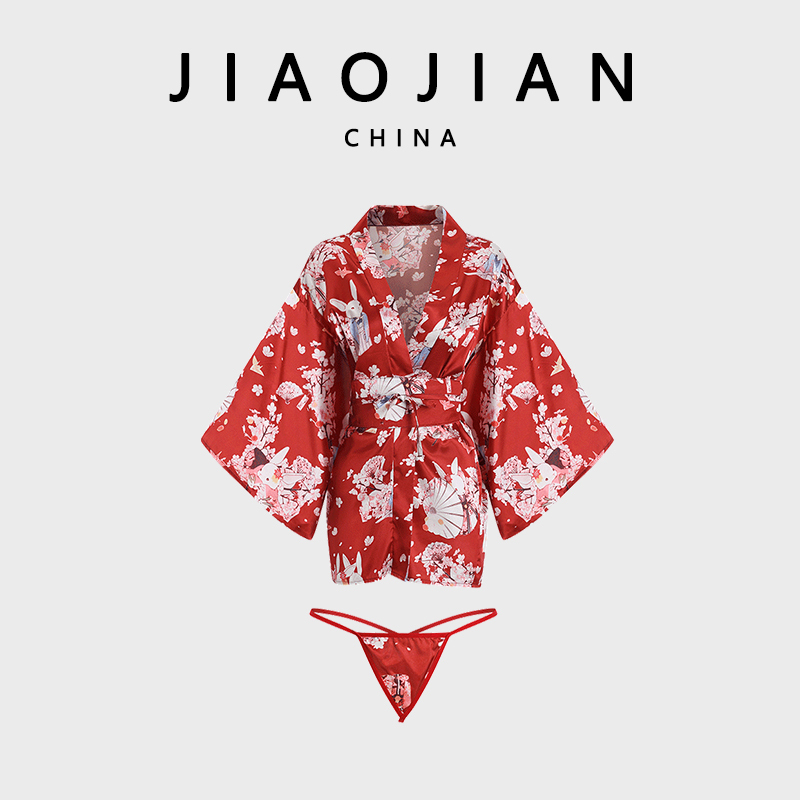 Jaiojain Japanese-Style Kimono Pajamas, Two-Dimensional Female Ice Silk Summer Sexy Hot Spring Bathrobe Nightgown Set