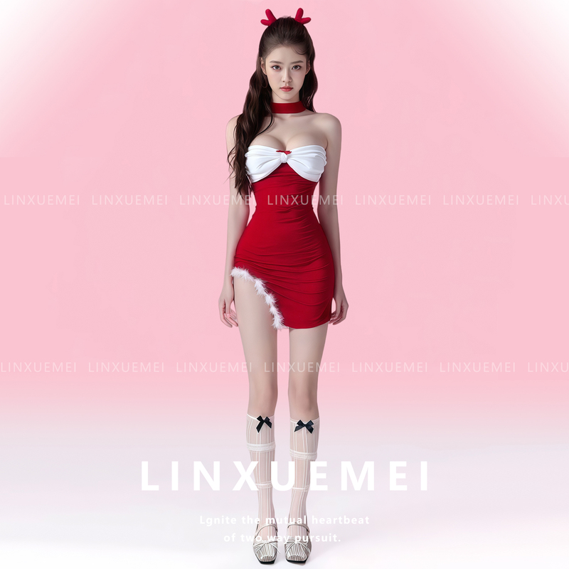 Jiaojian Sparkling* Christmas Sexy Halter Neck Dress with Plush Trim Slim Fit Uniform Jiaojian Sparkling* Christmas Sexy Halter Neck Dress with Plush Trim Slim Fit Uniform