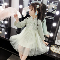 Girls cheongsam spring and autumn long-sleeved embroidery Chinese style princess skirt puffy mesh skirt 2021 new childrens autumn women