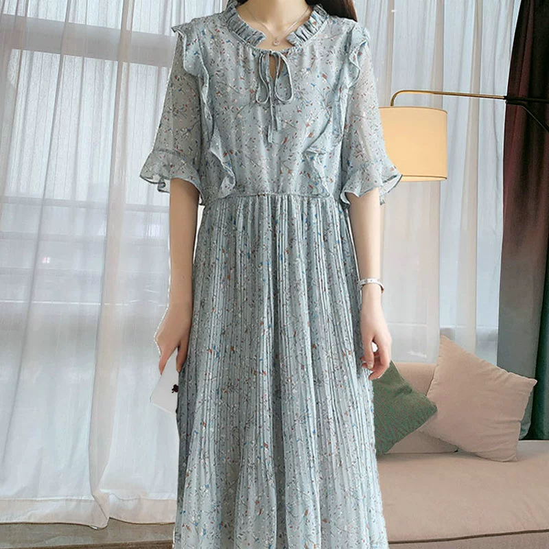 Kích thước lớn của phụ nữ 2020 hè mới lá sen tay ngắn váy hoa siêu cổ tích chất béo chị béo - Váy eo cao
