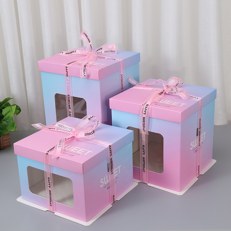 Pink and Blue Gradient Cake Box Three-In-One Paper Box Single Layer Double Layer Heightened Fashionable New Cake Packaging Box 50 Sets Pink and Blue Gradient Cake Box Three-In-One Paper Box Single Layer Double Layer Heightened Fashionable New Cake Packaging Box 50 Sets