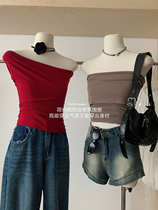 (WGWE) Eco-friendly Lyocell sloping shoulder breathable hot girl sloping shoulder design short T-shirt womens short-sleeved T-shirt