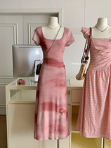(WGWE) Pink Short Sleeve Printed Skirt 2024 Summer French Long Slim Square Neck Dress