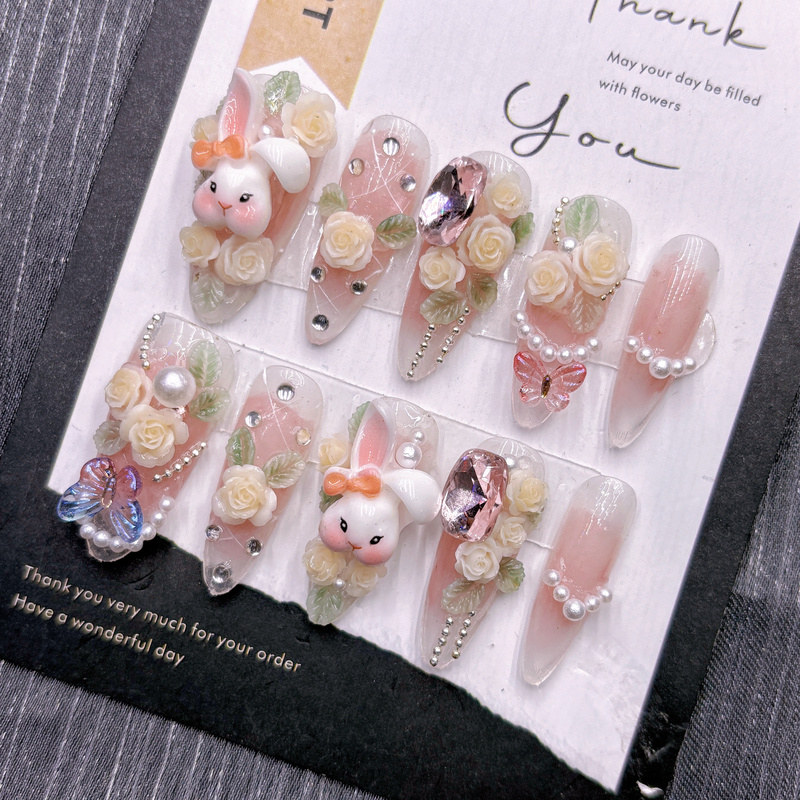 Pink Rabbit Handmade Press-On Nails Student Party Nail Art 2026 New Rabbit Cartoon Short Medium Long Trapezoid Shape