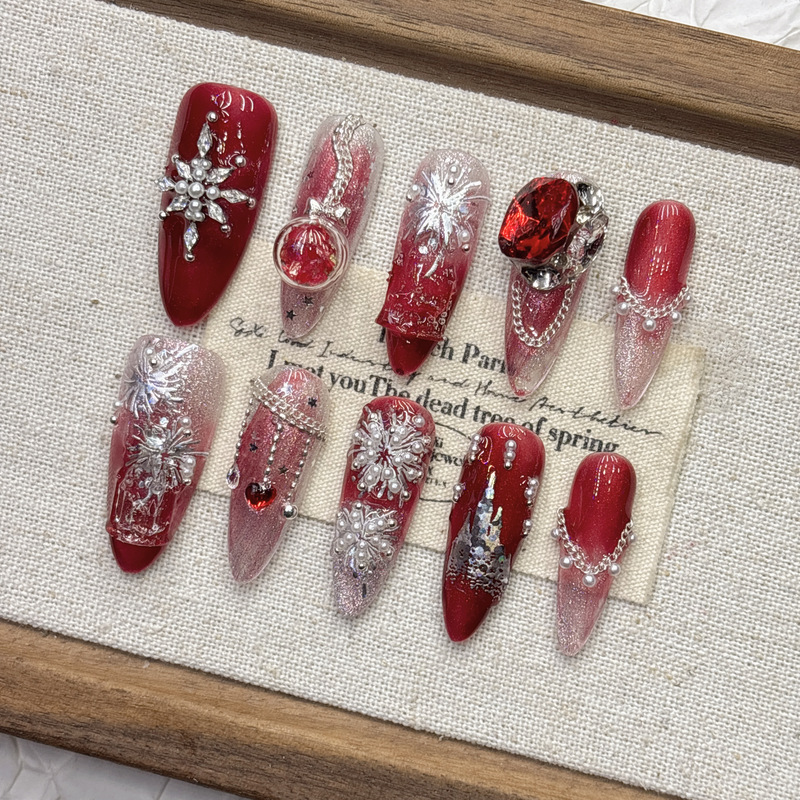 Red New Year Armor Castle Fireworks Handmade Wearable Nail Art Red Cat Eye Long Nail Art 2026 New Style
