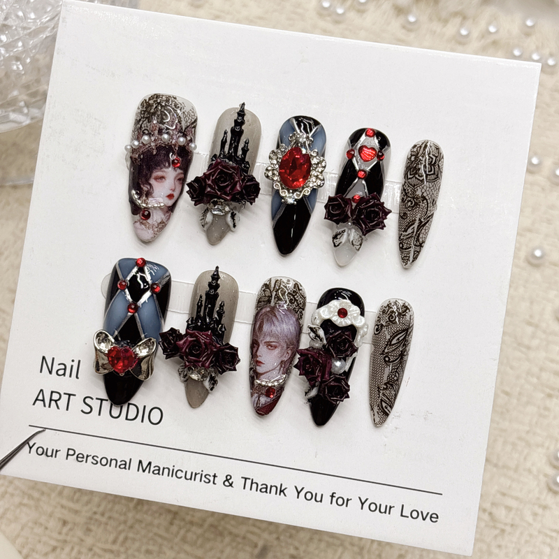 Dark Gothic Lolita Style, Handmade Nails That Enhance Complexion, High-End Feel, Medium-Length Nails for Support Dark Gothic Lolita Style, Handmade Nails That Enhance Complexion, High-End Feel, Medium-Length Nails for Support
