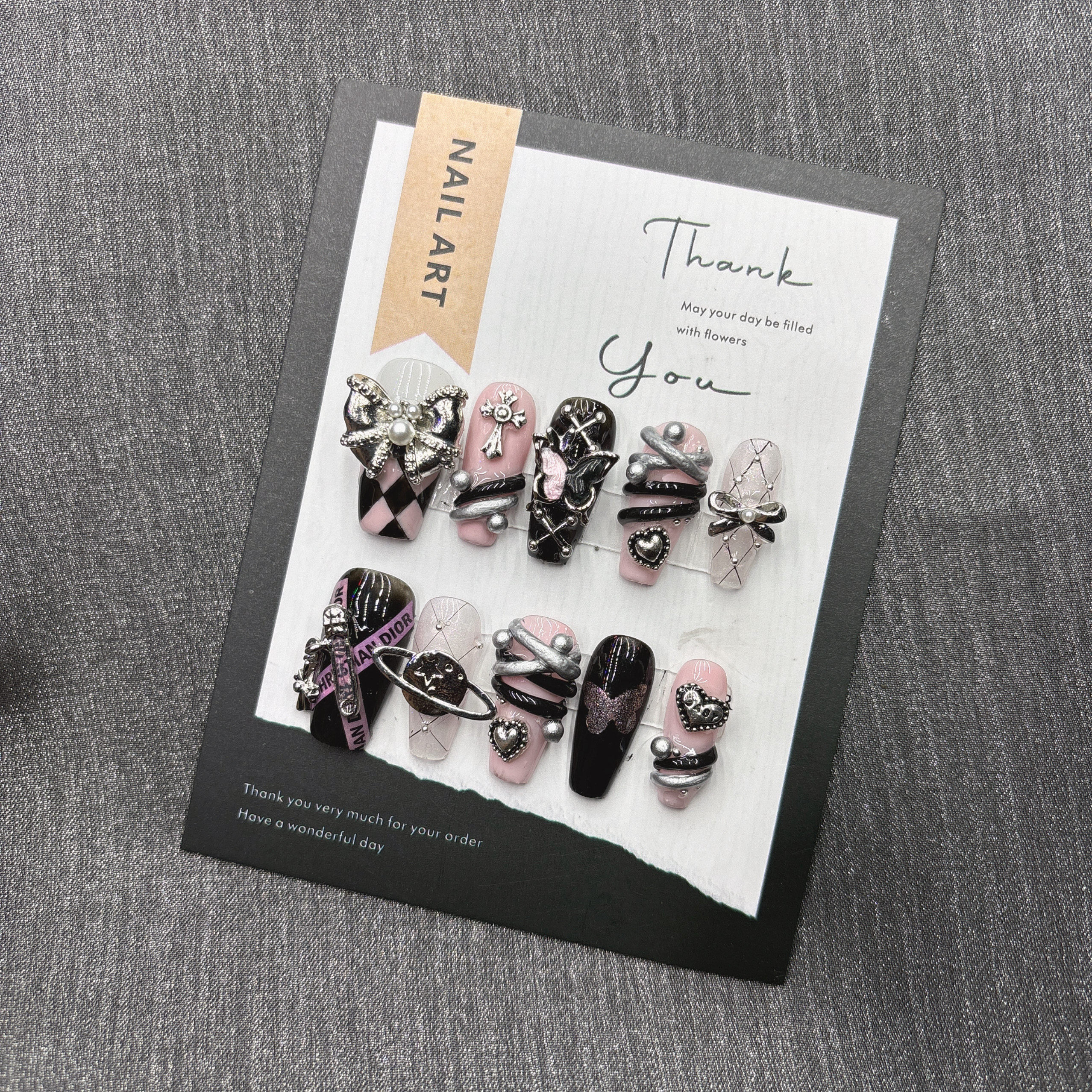 Lolita black powder handmade wearing armor y2k sweet and cool high-end temperament two-dimensional Kulomi 2026 medium and long — wholesale press on nails detail view 5