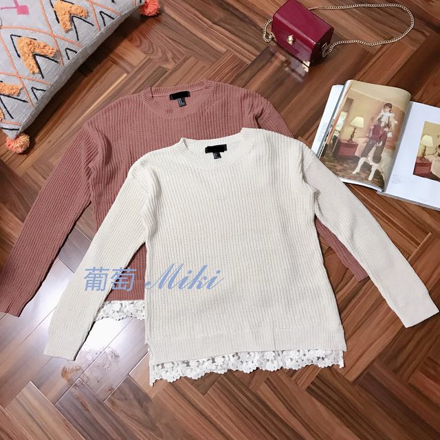 American single new nude pink f21 sweet girl soft waxy lace style knitted pullover sweater