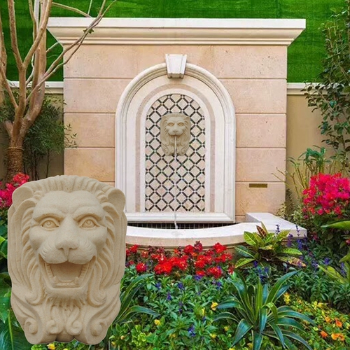 Резьба из песчаника львиная головка фонтана спрей спрей спрей на открытом воздухе садовая вода сцена стена в стиле европейской настенный стиль