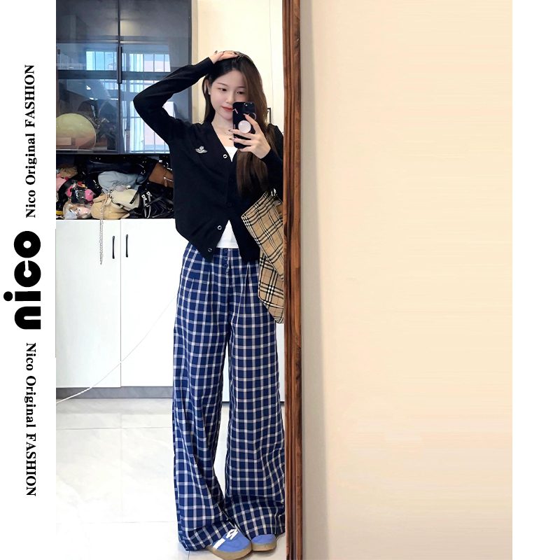 Zhao Lusi Style Blue Plaid Casual Pants for Women 2026 Summer Loose Bf Lazy Style Straight-Leg Walking Pants
