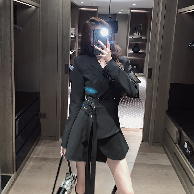 Royal sister style black waist-cinching suit dress women's 2021 new early spring high-end sense fried street small man skirt