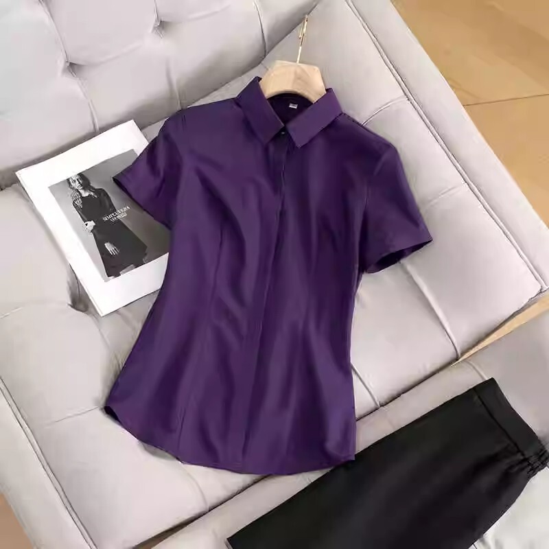 Dark Purple Short-Sleeved Shirt for Women, Summer Style, Professional Interview Workwear, Wrinkle-Resistant, No-Iron, Modal Work Shirt