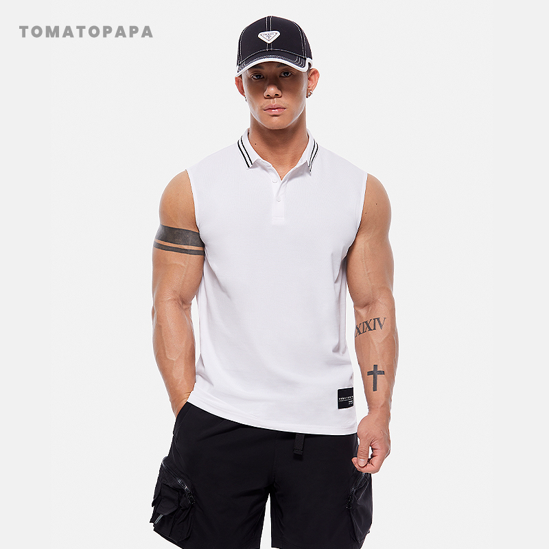 Tomatopapa New Polo Vest Sleeveless Lapel Shirt Simple Solid Color Training Vest Fitness Men's Top