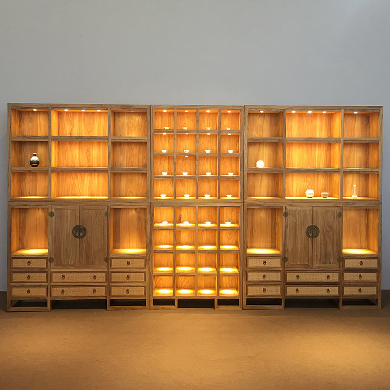 New Chinese-style tea shelf with light display cabinet modern Zen bookcase solid wood Bogu rack paint-free old elm wood display cabinet