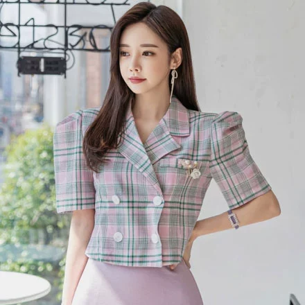 Hàn Quốc mua Dongdaemun Women 2020 hè mới tay áo phồng ngắn tay ngắn phù hợp với áo khoác kẻ sọc - Business Suit