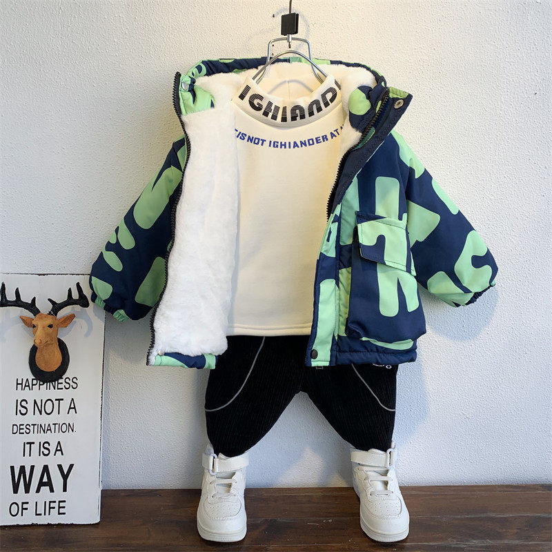 Boy fit for spring and autumn clothing 2023 gush cotton coat jacket children winter thickened baby fur collar to overcome cotton clothing 