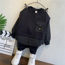 Boys autumn suit 2021 new foreign handsome baby Spring Autumn Autumn Winter Childrens outfit plus velvet fashionable two-piece set