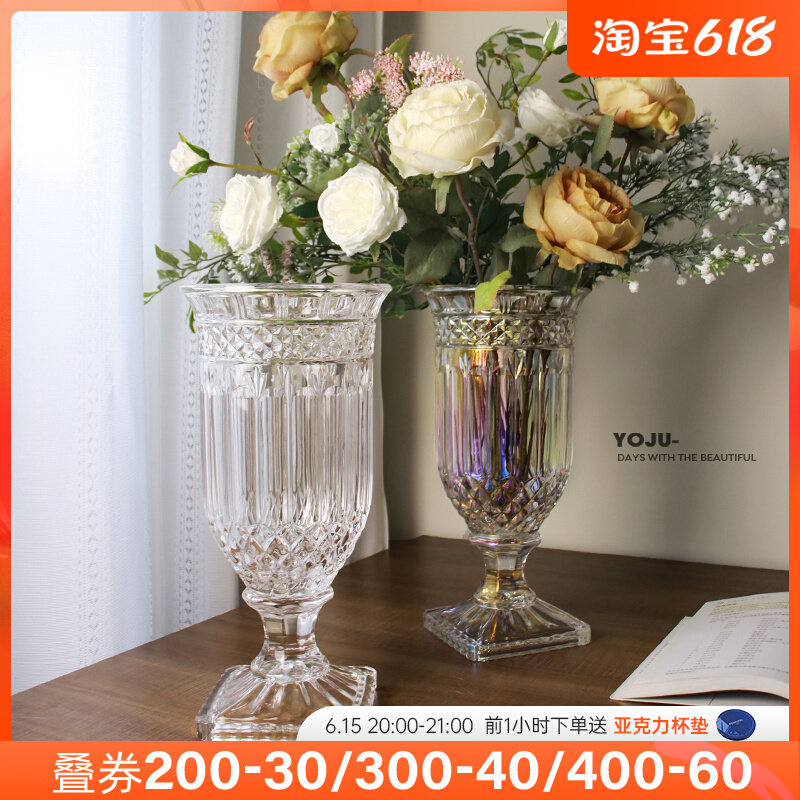 Retro Eurostyle Transparent High Foot Large Number Vase Living Room Glass Flower Arrangement Pendulum with light and luxurious peat flower vase table
