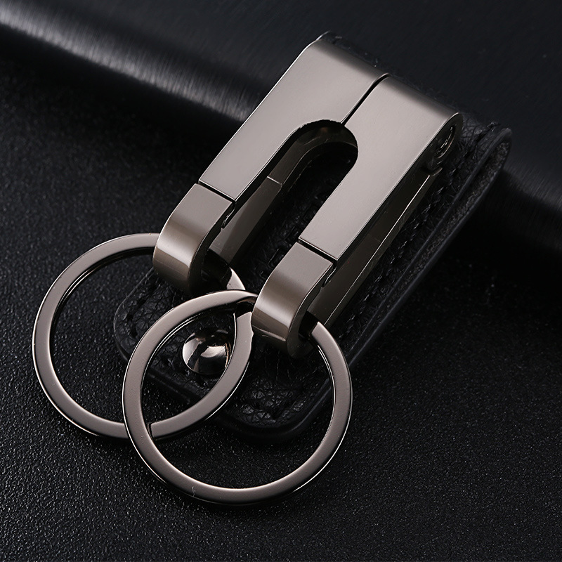 Men wear belt simple car remote control key chain waist hanging double ring key chain leather belt buckle creative gift