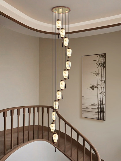 Medieval-Style Spiral Staircase, Duplex Entrance Hall Lamp, Bamboo Zen-Inspired Retro Tea Room Study Lamp, Chinese-Style Chandelier