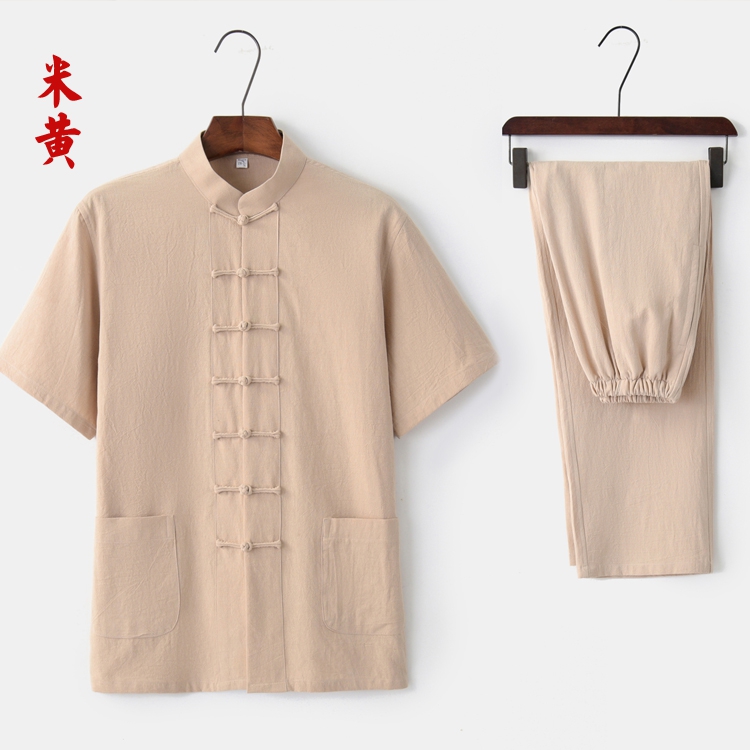 Trung Quốc Gió Tang ăn mặc của nam giới mùa hè ngắn tay D-Shirt Set Trung niên Zen ăn mặc Trà Vintage Housesuit Han-Men của