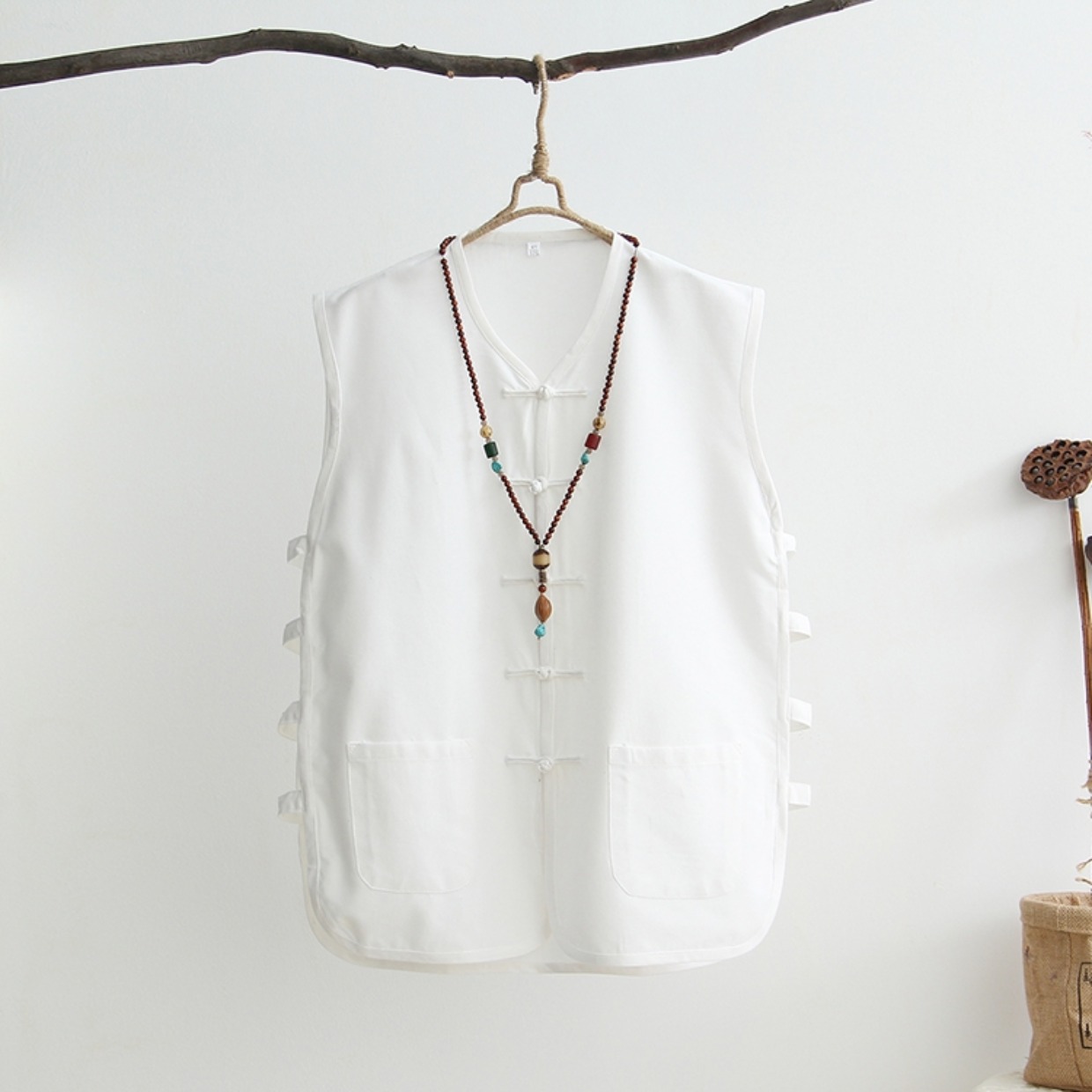 Cotton Tang phù hợp với áo len không tay nam vest vest mồ hôi Ma Hao mùa hè phong cách Trung Quốc khóa áo cũ áo lót thể thao