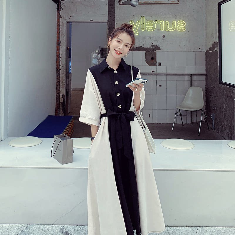 MAJE KARA Shirt-style dress women's summer waist slim temperament retro French niche knee-length skirt