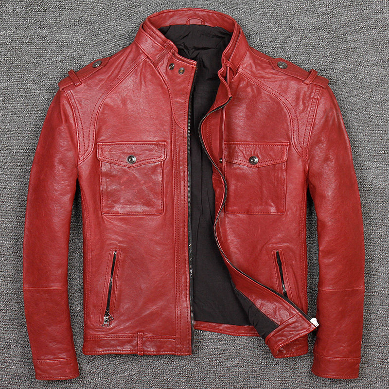 New Pinned Tanned Goat Leather Youth Stand-up Locomotive Clothes Genuine Leather Leather Clothing Men Short Han version Hull Personality Leather Jacket